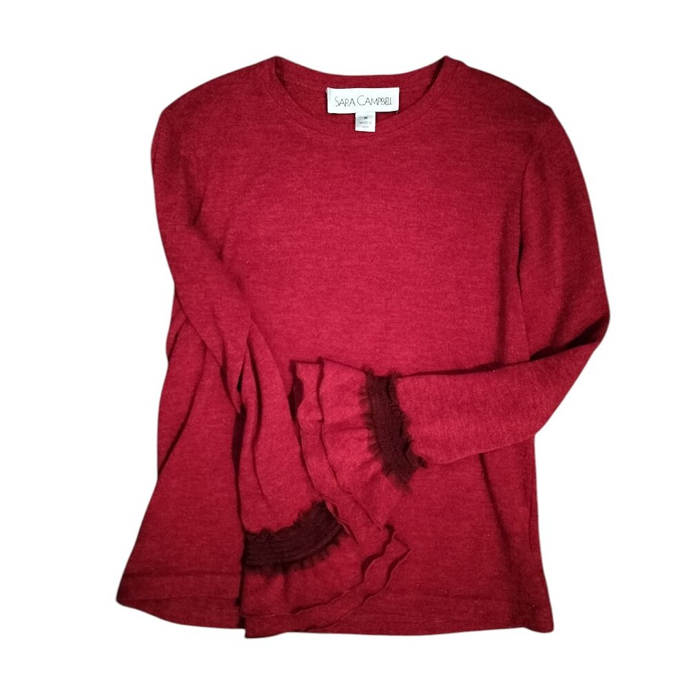Sara Campbell red bell sleeves knit blouse, ruffles, Y2K hot 2000s era shirt